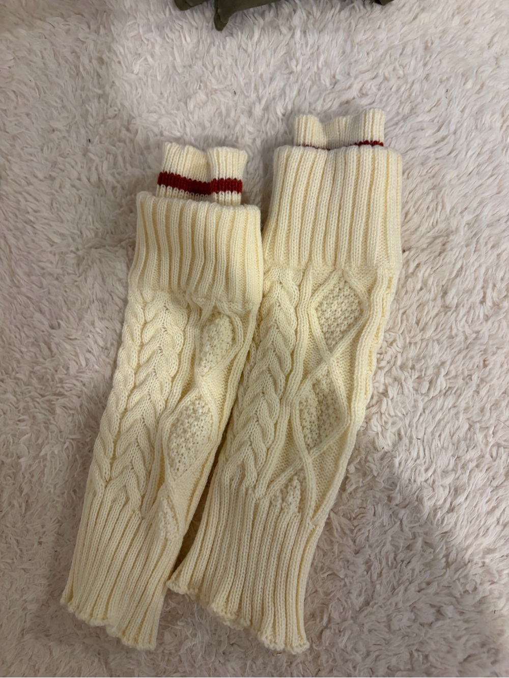 NWOT Cream Cable Knit Leg Warmers with Red Stripe